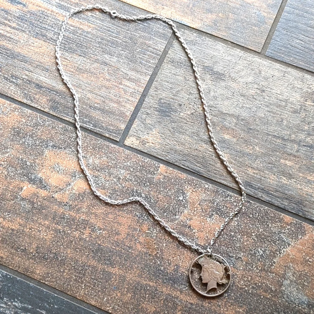 VTG 60s Silver Liberty Dollar Necklace, Pendant Custom Cut Out Head Authentic - Picture 4 of 6